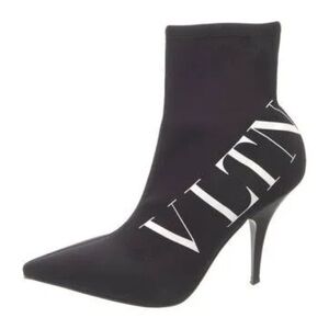 Valentino Black Heeled Boots with White VLTN Logo